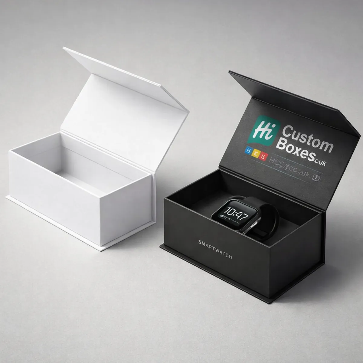 Luxury magnetic flip-top boxes in white and black, with one holding a black digital smartwatch. class=